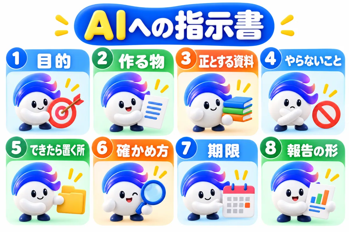 AIへの指示書の8項目:目的、作る物、正とする資料、やらないこと、できたら置く所、確かめ方、期限、報告の形