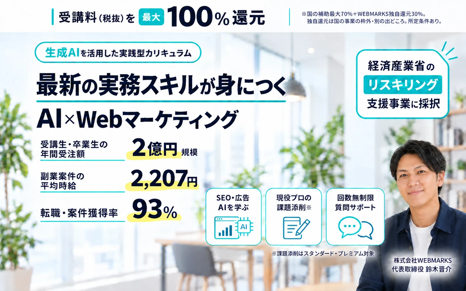 最新の実務スキルが身につくAI×Webマーケティング。受講生・卒業生の年間受注額2億円規模、副業案件の平均時給2,207円、転職・案件獲得率93%。株式会社WEBMARKS 代表取締役 鈴木晋介