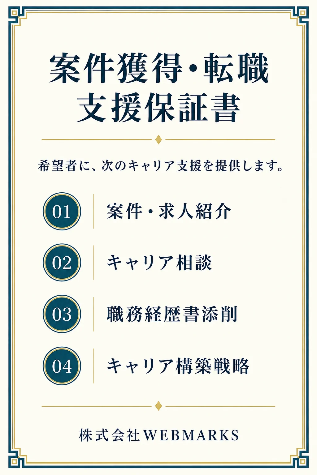 案件獲得・転職支援保証書。希望者にキャリア支援を提供します。案件・求人紹介、キャリア相談、職務経歴書添削、キャリア構築戦略。
