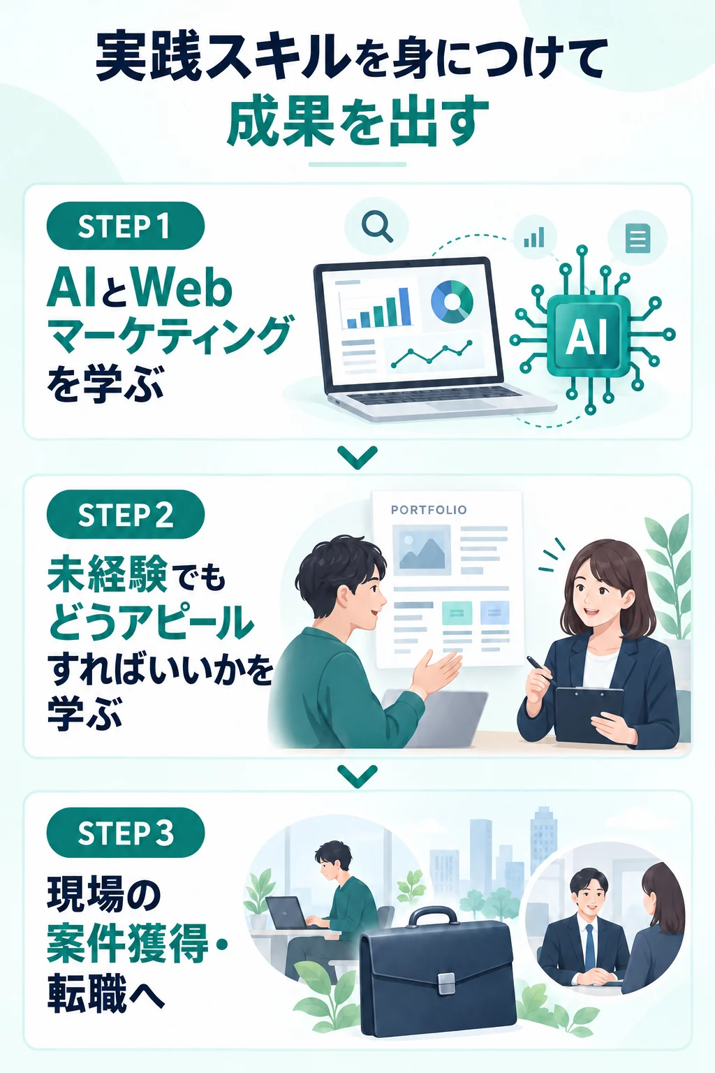 実践スキルを身につけて成果を出す。1 AIとWebマーケティングを学ぶ。2 未経験でもどうアピールすればいいかを学ぶ。3 現場の案件獲得・転職へ。