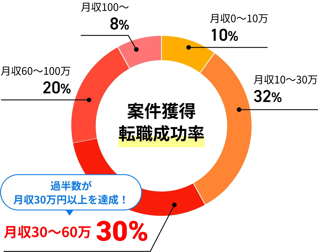 月収0～10万：10%、月収10万～30万：32%、月収30万～60万：30%、月収60万～100万：20%、月収100万～：8%