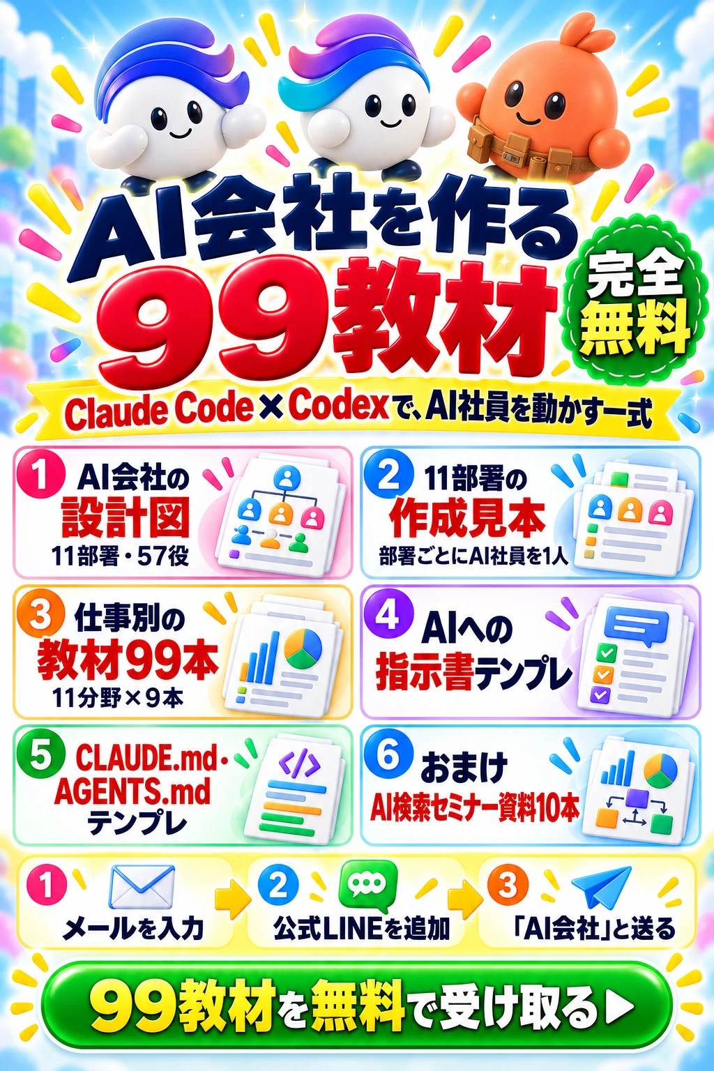 AI会社を作る99教材。完全無料。中身は、AI会社の設計図・11部署の作成見本・仕事別の教材99本・AIへの指示書テンプレ・CLAUDE.md と AGENTS.md のテンプレ・おまけのAI検索セミナー資料10本。メールを入力し、公式LINEを追加して「AI会社」と送ると受け取れる。受け取りの入力へ進む。