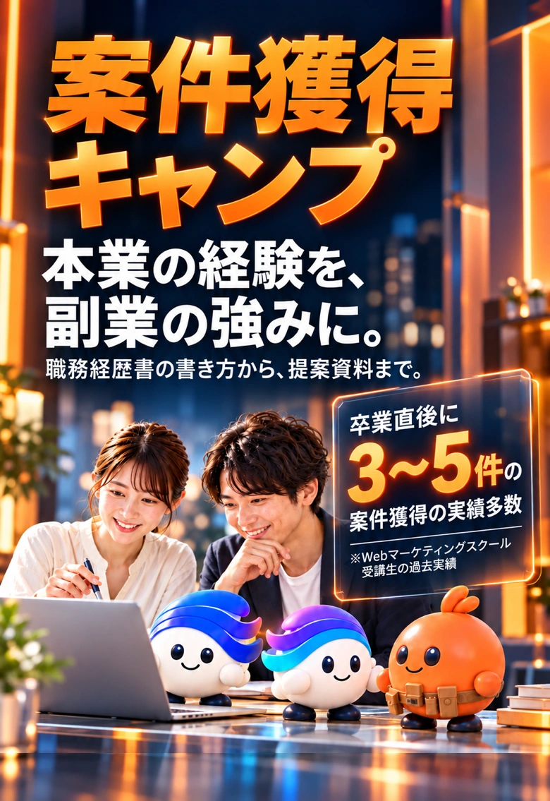 案件獲得キャンプ。本業の経験を、副業の強みに。職務経歴書の書き方から、提案資料まで。卒業直後に3〜5件の案件獲得の実績多数（Webマーケティングスクール受講生の過去実績）。ノートパソコンを見る2人とWEBMARKSのキャラクター3体。