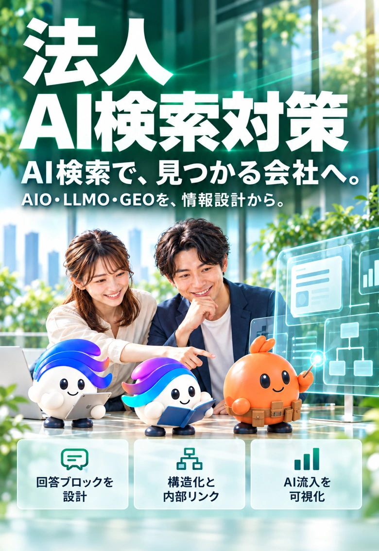 法人 AI検索対策。AI検索で、見つかる会社へ。AIO・LLMO・GEOを、情報設計から。回答ブロックを設計・構造化と内部リンク・AI流入を可視化。画面を見る2人とWEBMARKSのキャラクター3体。