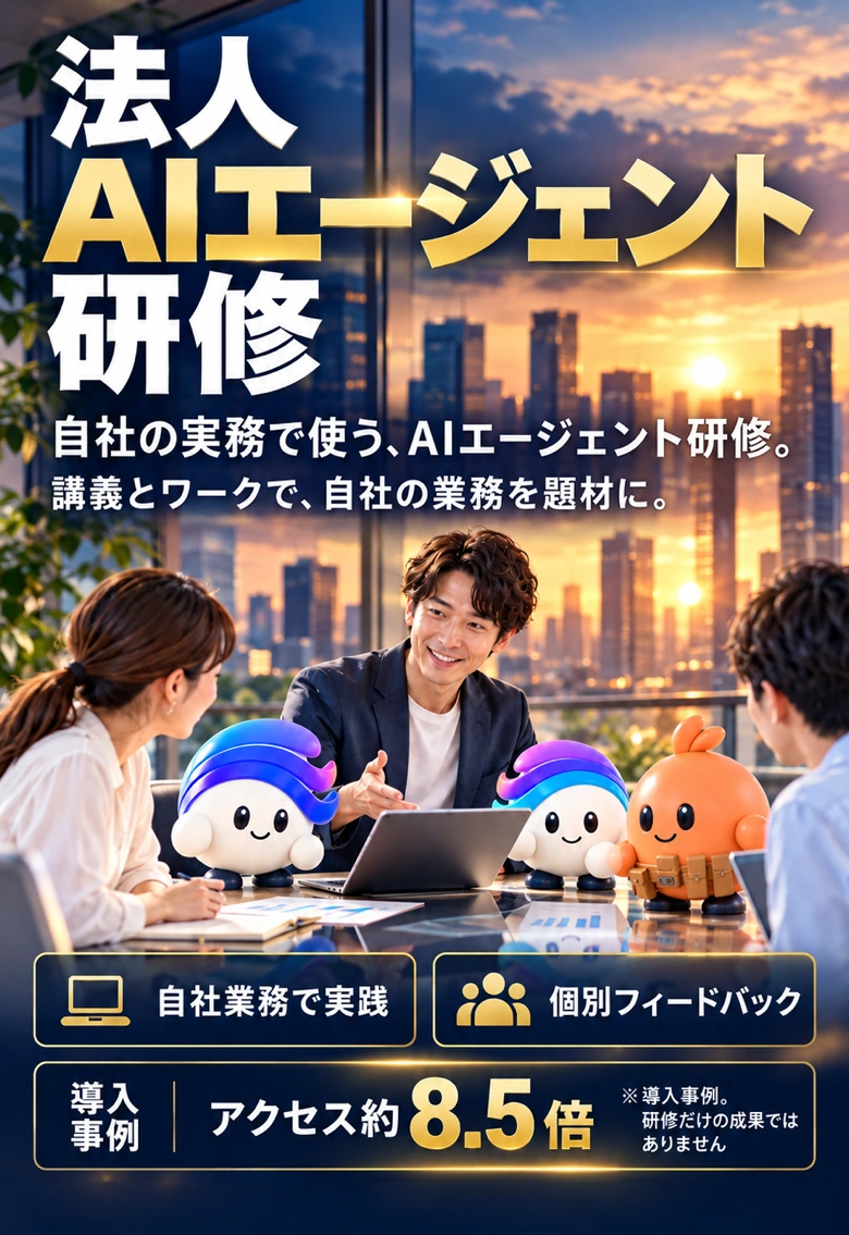 法人 AIエージェント研修。自社の実務で使う、AIエージェント研修。講義とワークで、自社の業務を題材に。導入事例でアクセス約8.5倍（研修だけの成果ではありません）。説明する講師と受講者、WEBMARKSのキャラクター3体。