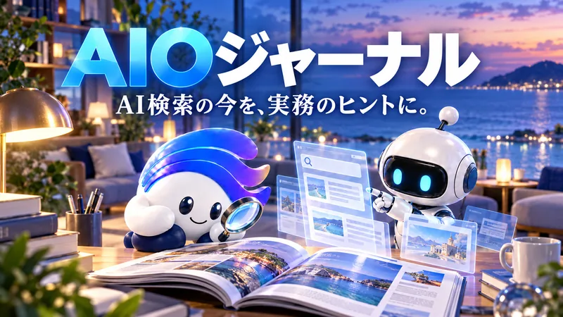 AIOジャーナル／AI検索の今を、実務のヒントに。 検索情報と雑誌を調べる青いAIキャラクターとロボット。