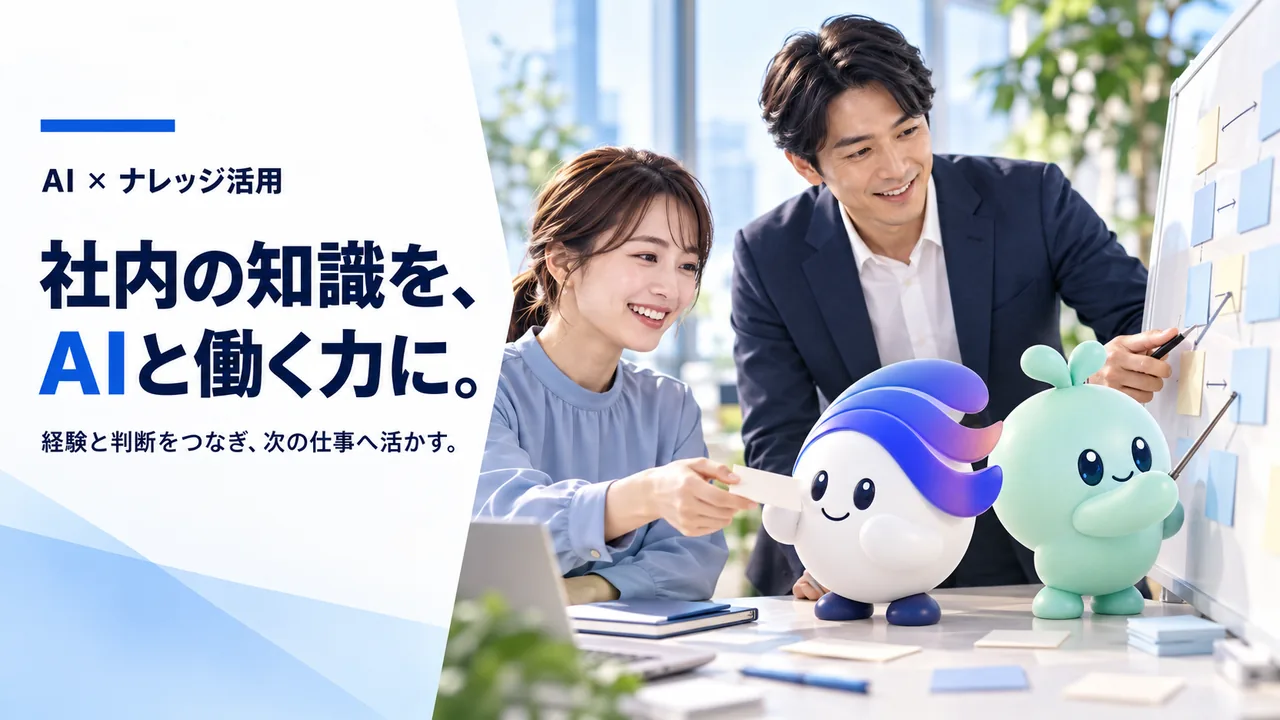 AI × ナレッジ活用／社内の知識を、AIと働く力に。／経験と判断をつなぎ、次の仕事へ活かす。