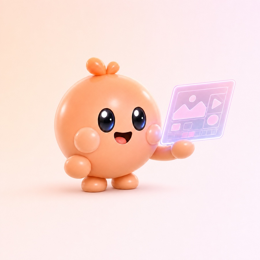個人向けリスキリングの制作課題に取り組むコーラル色のキャラクター