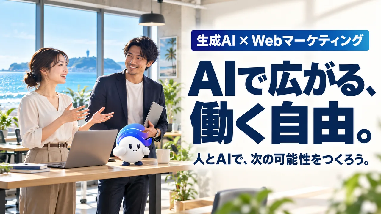AI副業・案件獲得講座。生成AI × Webマーケティング。AIで広がる、働く自由。人とAIで、次の可能性をつくろう。 仕事の可能性を話す二人と青い髪のAIマスコット。