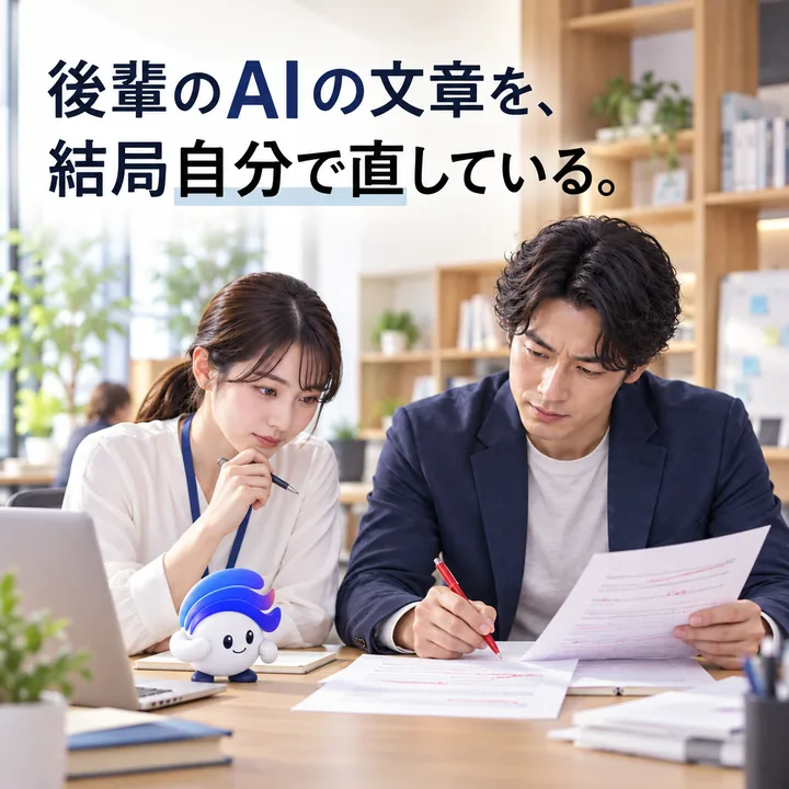 後輩のAIの文章を、結局自分で直している。 OJTを担う先輩とAIが働く職場のイメージ