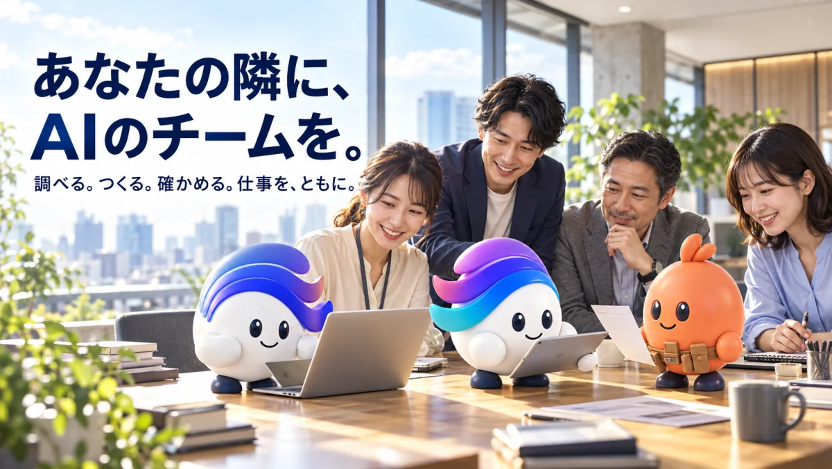 あなたの隣に、AIのチームを。調べる。つくる。確かめる。仕事を、ともに。