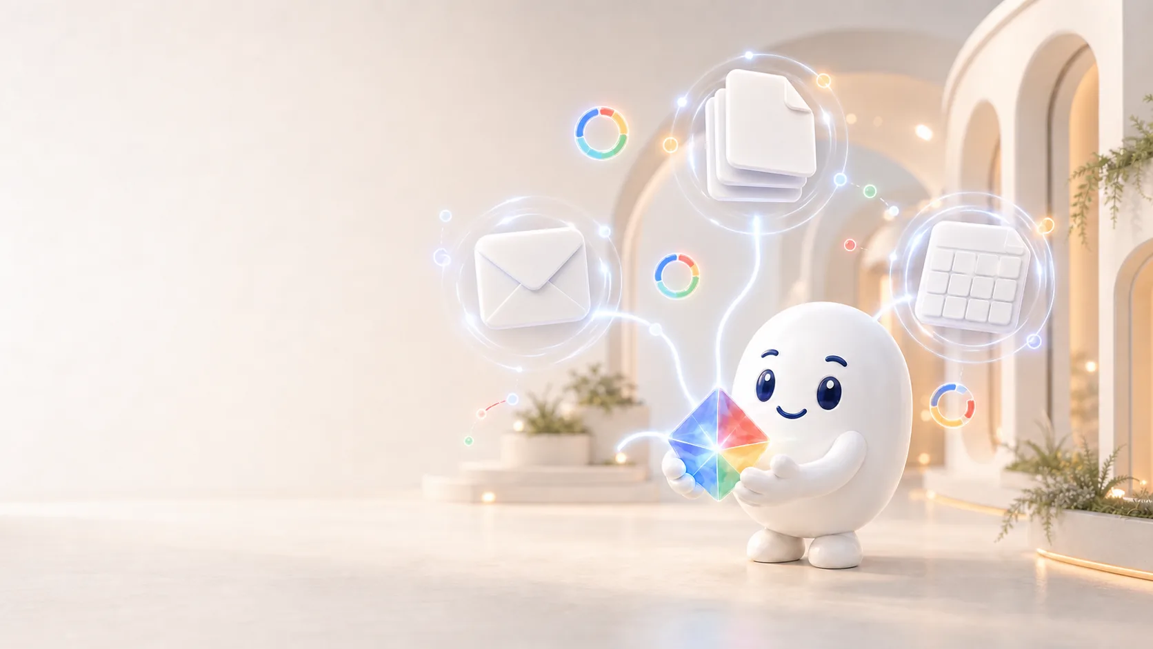 GeminiとGoogle Workspaceの3つの業務モジュールを4色のリングでつないだ、WEBMARKS独自制作の業務連携イメージ