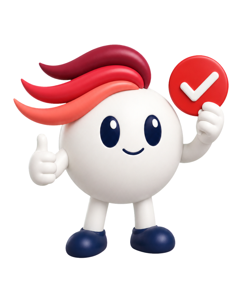法人向けAI研修の助成制度を案内する、赤い3本毛のWEBMARKS独自制作キャラクター