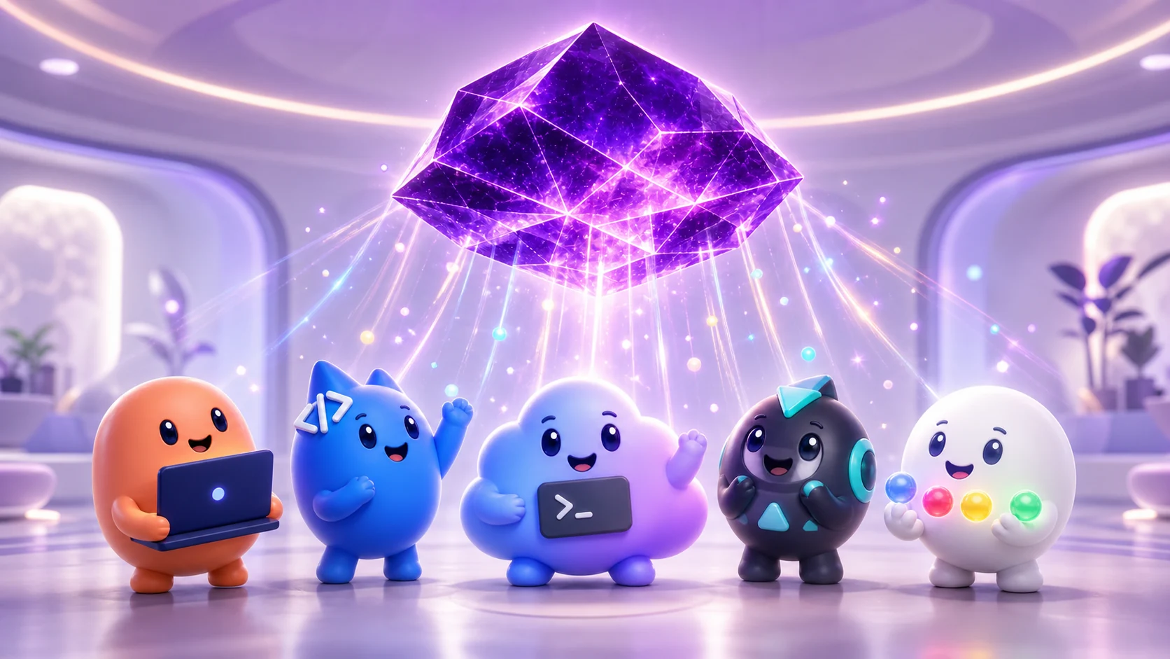 紫に発光する黒曜石から、Claude・VS Code・Codex・GPT・Geminiをイメージした5体のWEBMARKS独自キャラクターへ光が降り注ぐナレッジ共有イメージ