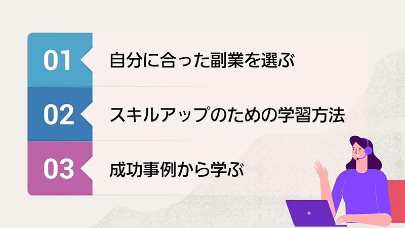 自分に合った副業を選ぶ、スキルアップのための学習方法、成功事例から学ぶ