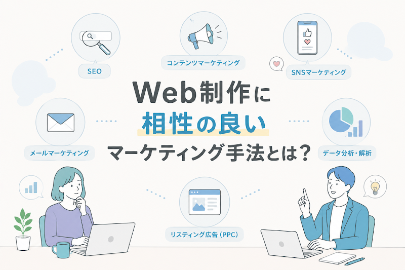 「Web制作に相性の良いマーケティング手法とは?」と書かれた、SEO・コンテンツマーケティング・SNS・メール・リスティング広告・データ分析のアイコンを配置したイラスト