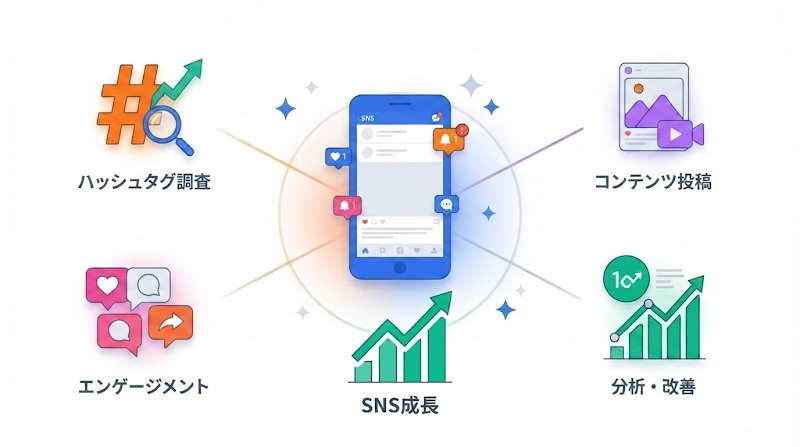 ハッシュタグ調査・コンテンツ投稿・エンゲージメント・分析改善によるSNS成長の流れを示した図解