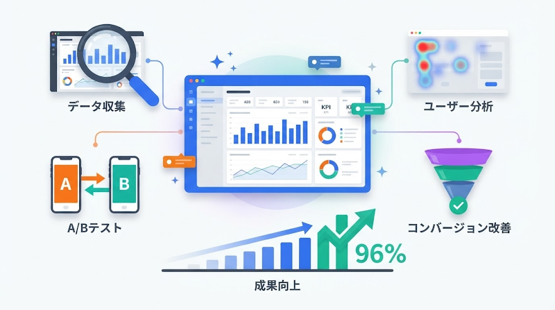 データ収集・A/Bテスト・ユーザー分析・コンバージョン改善によってサイトの成果を高めるアクセス解析の流れを示した図解