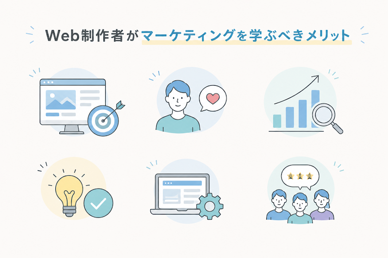 「Web制作者がマーケティングを学ぶべきメリット」と書かれた、成果・信頼・成長を表す6つのアイコンで構成されたイラスト