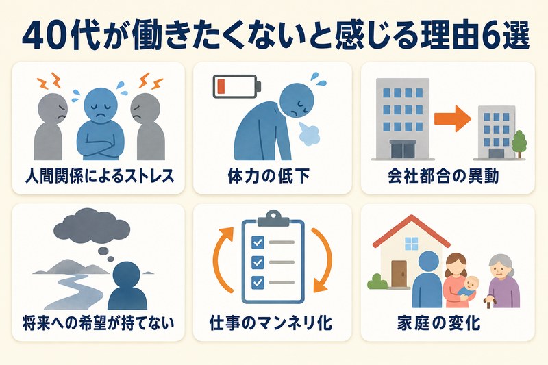 40代が働きたくないと感じる理由6つ（人間関係・体力・会社都合の異動・将来への希望・マンネリ化・家庭の変化）を並べたインフォグラフィック