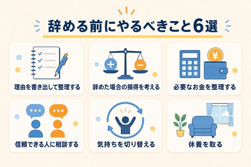 仕事を辞める前にやるべきこと6つ（理由の整理・メリットデメリット・お金の把握・相談・気持ちの切り替え・休養）を並べたインフォグラフィック