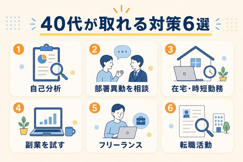 40代が取れる6つの対策（自己分析・部署異動・在宅時短勤務・副業・フリーランス・転職）を取り組みやすい順に並べたインフォグラフィック