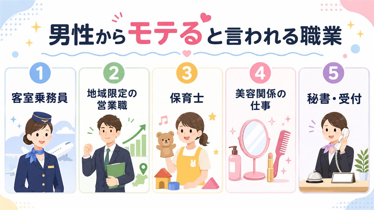 男性からモテると言われる女性の職業（客室乗務員・地域限定の営業職・保育士・美容関係・秘書/受付）を並べた図