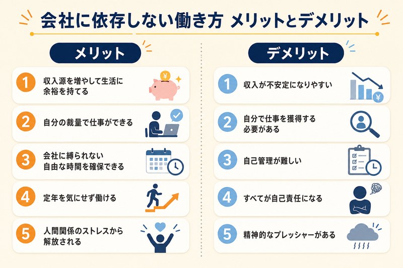 会社に依存しない働き方のメリット5つとデメリット5つを対比したインフォグラフィック