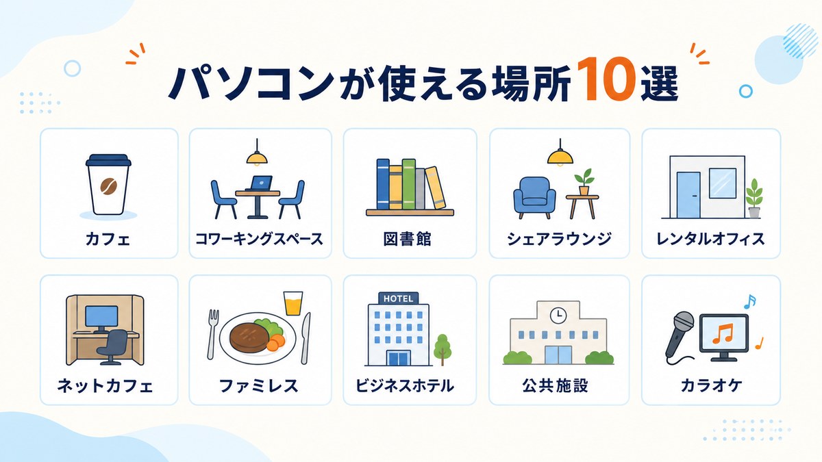 パソコンが使える場所10選（カフェ・コワーキングスペース・図書館・シェアラウンジ・レンタルオフィス・ネットカフェ・ファミレス・ビジネスホテル・公共施設・カラオケ）の一覧図