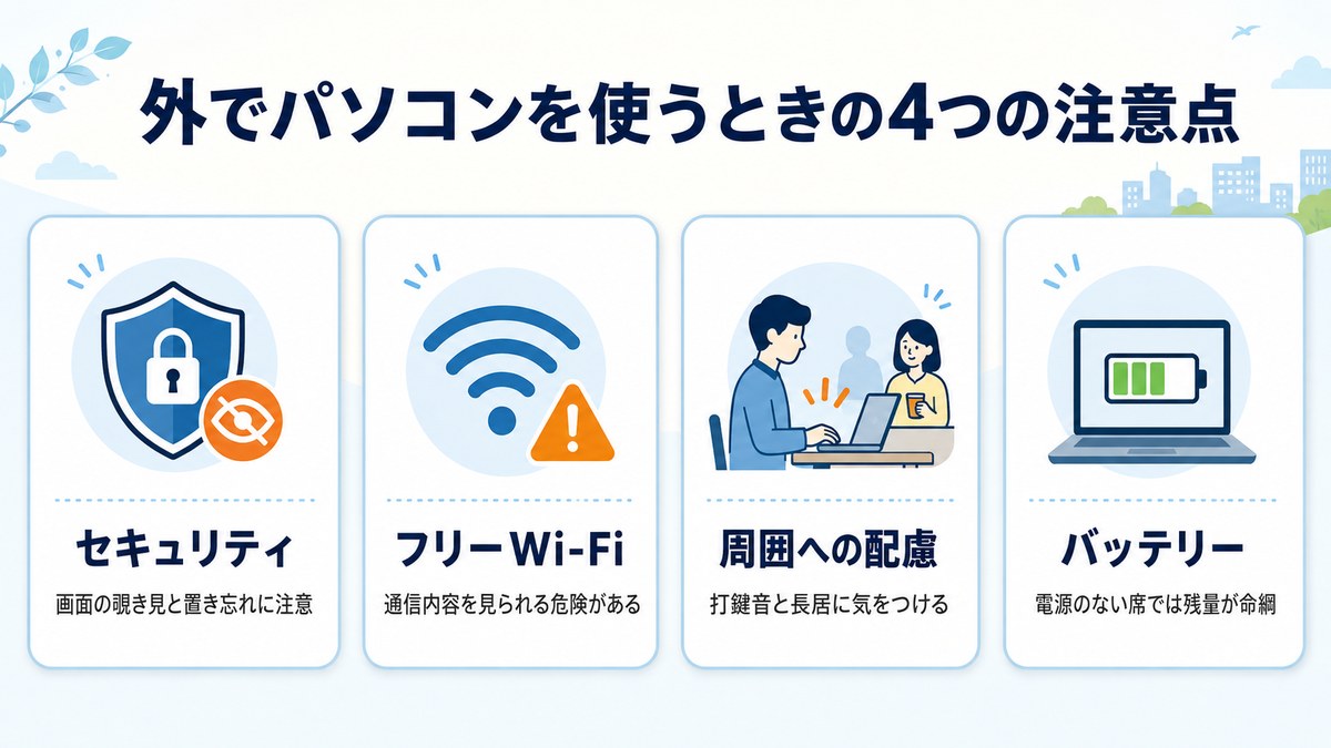 外でパソコンを使うときの4つの注意点（セキュリティ・フリーWi-Fi・周囲への配慮・バッテリー）の図解