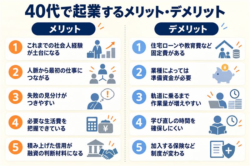 40代で起業するメリットとデメリットを対比した図