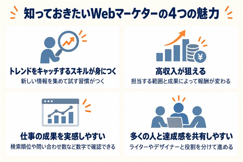 Webマーケターの4つの魅力を整理した図