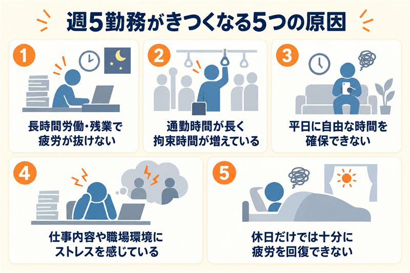 週5勤務がきつくなる5つの原因を整理した図