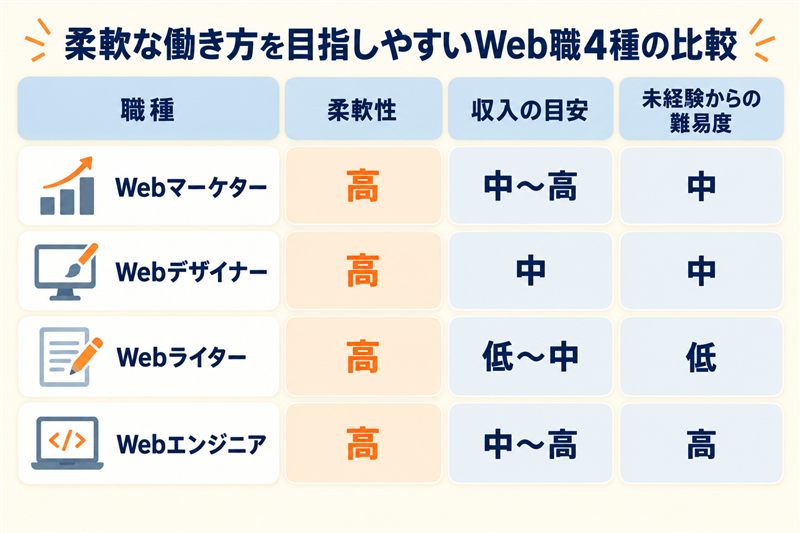 柔軟な働き方を目指しやすいWeb職4種の比較表